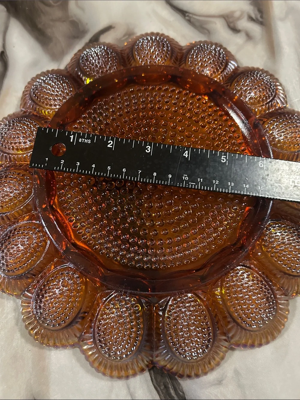Indiana Glass Co. Iridescent Amber Carnival Hobnail Plate Deviled Egg Platter